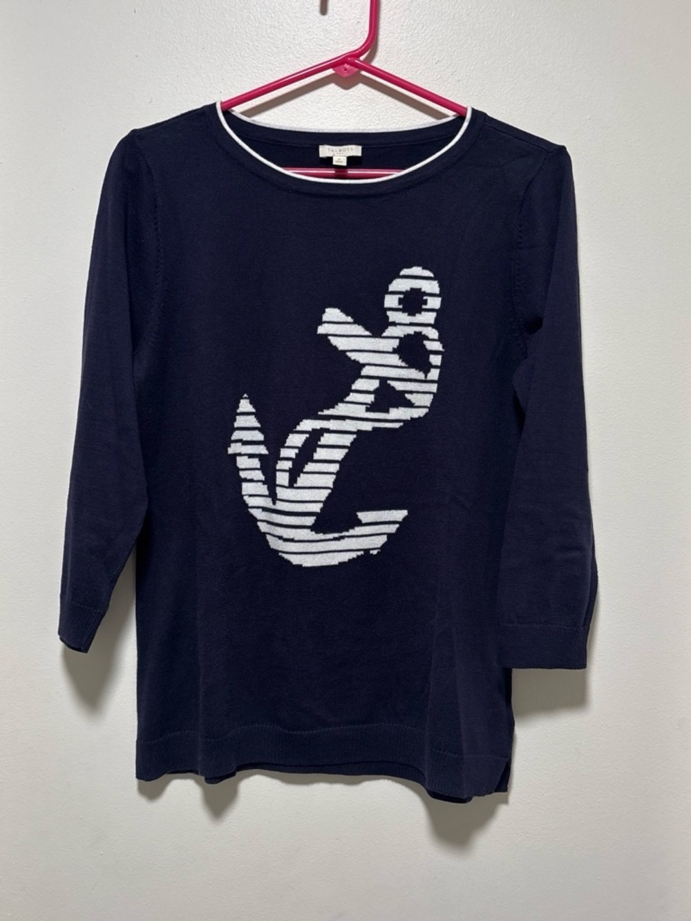 Talbots Navy Crewneck Sweater with White Anchor Motif nautical 3/4 sleeves